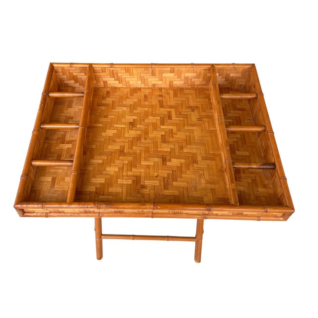 1970s Vintage Bamboo and Woven Rattan Folding Butler Tray Stand, Coastal Campaign For Sale - Image 5 of 13