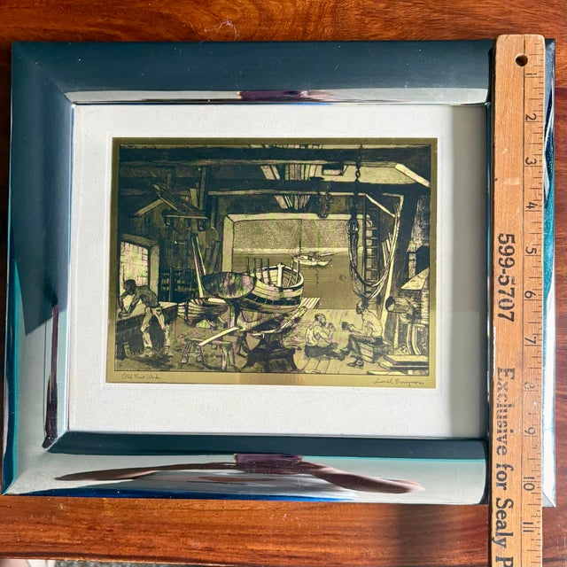 1960s Framed Lionel Barrymore “The Old Boat Works” Talio-Chrome Print in SIlver Frame, Mid-Century Nautical Art Reproduction For Sale - Image 11 of 11