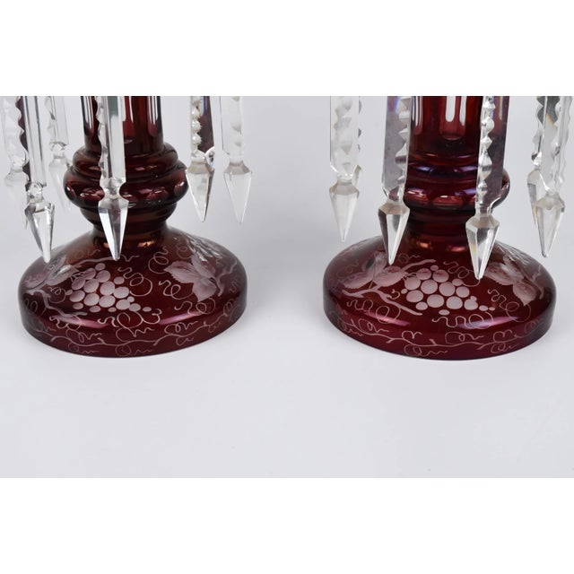Glass Antique Pair Ruby Glass Mantle Lusters With Engraved Grapes For Sale - Image 7 of 10