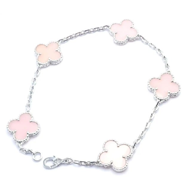 Late 20th Century Van Cleef & Arpels Pink Opal Vintage Alhambra Five Motif White Gold Bracelet For Sale In Philadelphia - Image 6 of 14