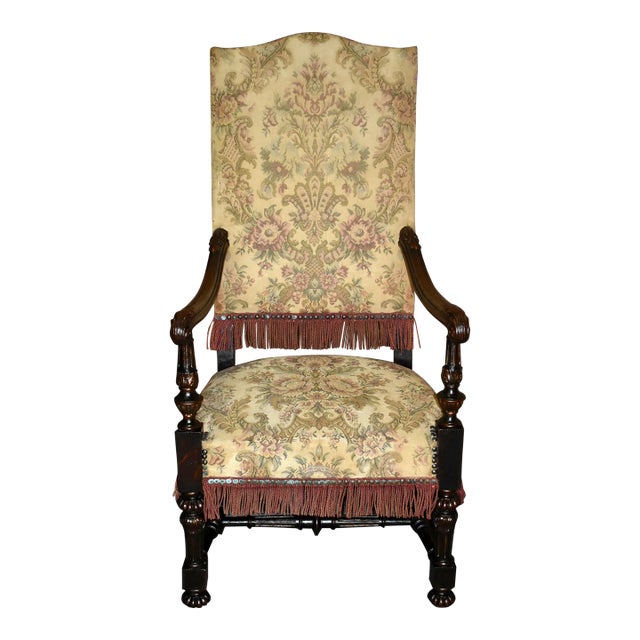 Antique Tudor Style Carved Oak High Back Chair W/Stretcher Base & Fringe For Sale