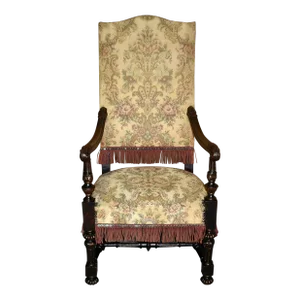 Antique Tudor Style Carved Oak High Back Chair W/Stretcher Base & Fringe