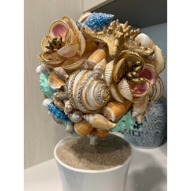 Handmade SeashellCoastal Topiaries in White Ceramic Pots - A Pair For Sale In Miami - Image 6 of 10