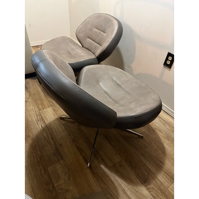 Metal Fantastic Pair of Roche Bobois 2 Tone Leather Pivot/Swivel Arm Chairs With X Chrome Base Baseball Stitching Mink Grey Brown For Sale - Image 7 of 12