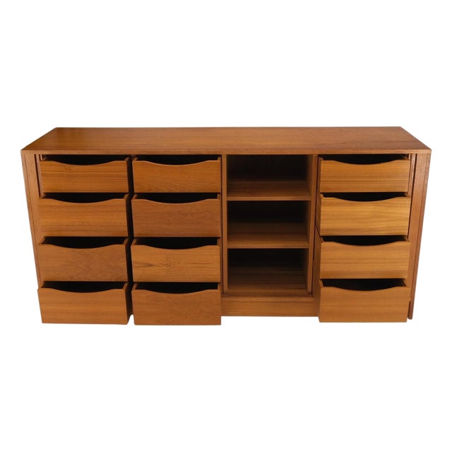 Tambour Doors 12 Deep Drawers 3 Shelves Danish Teak Mid-Century Modern Credenza For Sale
