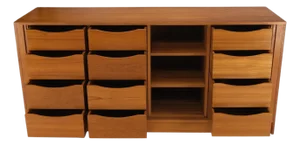 Tambour Doors 12 Deep Drawers 3 Shelves Danish Teak Mid-Century Modern Credenza