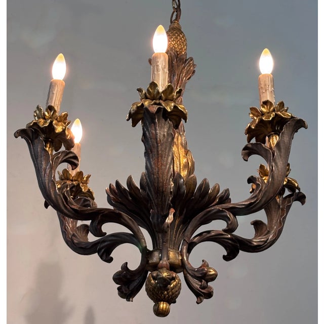 Wood Mid 20th Century Italian Rococo Style Gilt Wood Chandelier For Sale - Image 7 of 9