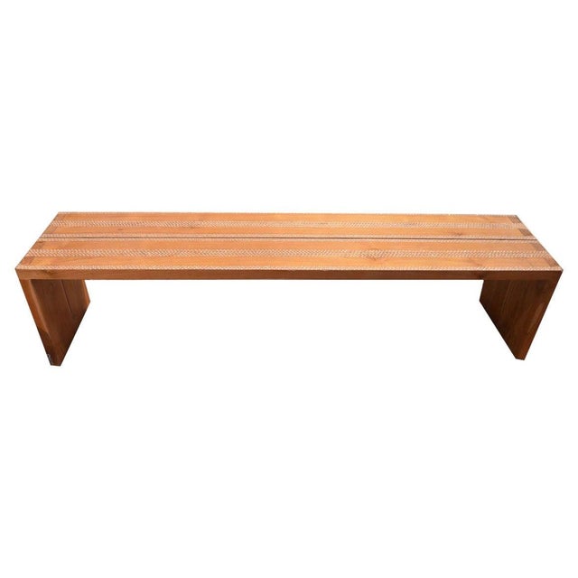 Minimalist waterfall teak bench with mother of pearl shell inlay. Each piece of white shell is carefully hand cut and...