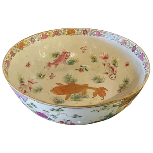 19th Century Famille Rose Chinese Export Punch Bowl, Koi Decorated