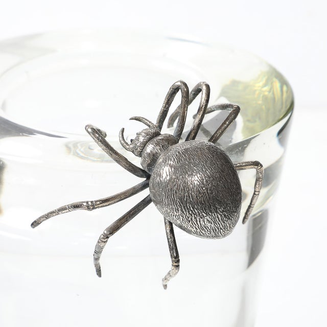 Metal Aesthetic Movement Silver Spider Sculpture Crystal Vase Signed Leerdam Crystal For Sale - Image 7 of 15