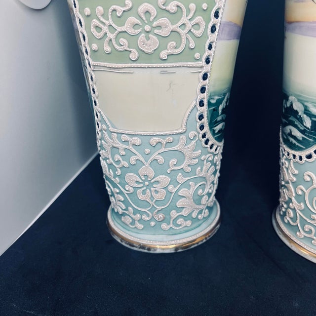 Antique Nippon Hand Painted Moriage Scenic Crane Vase Pair – 13” – Japan For Sale - Image 9 of 12