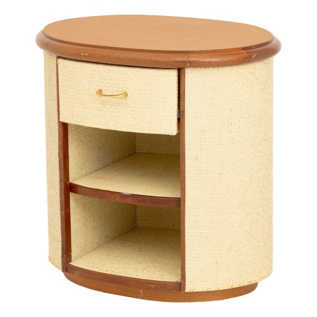Vintage Modern Walnut and White Painted Rattan Bedside Table For Sale