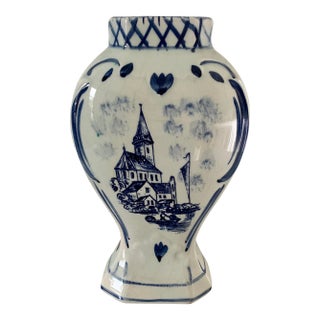 Mid-Century Hand-Painted Delft Vase With Dutch Village Scene For Sale