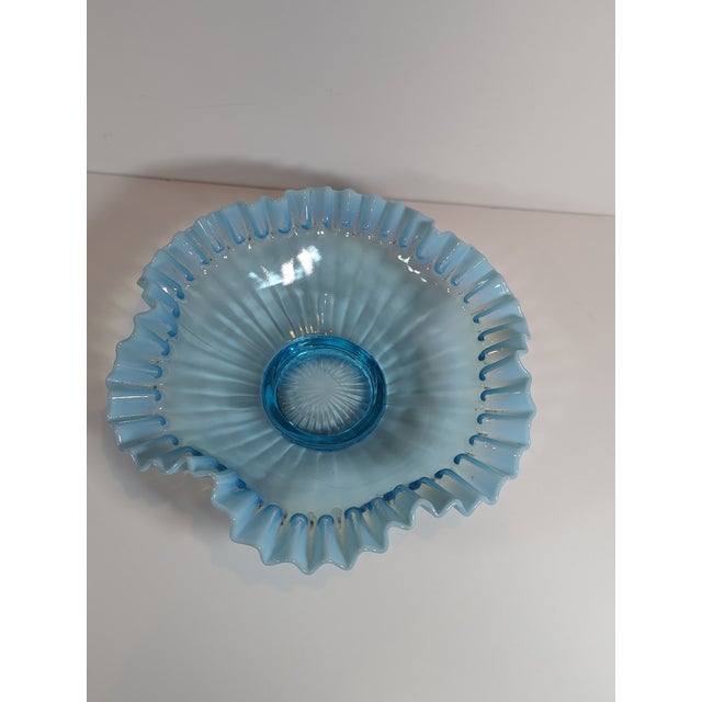 Antique Glass Aqua Blue Ribbed Optic Bride’s Bowl, Crescent Silver Co. Quadruple Plate Base For Sale In Nashville - Image 6 of 10