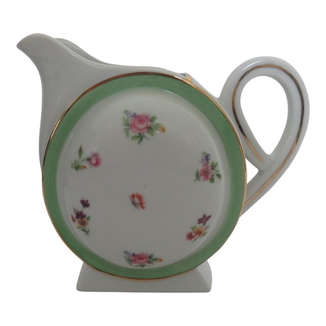 Limoges Riviere Combe Large Creamer 1930-40s Mint Green Gold Trim Airy Sprays of Florals For Sale