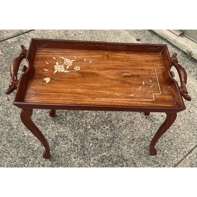 English Mid 20th Century Anglo-Indian Folding Rosewood Tray/Butler's Table With Mixed Metal Inlay For Sale - Image 3 of 10