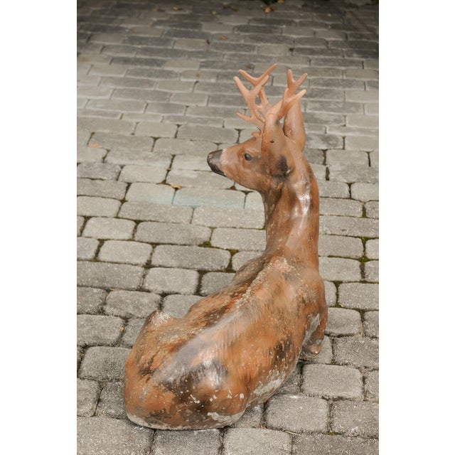Vintage American Concrete Reclining Deer Sculpture with Iron Antlers and Patina For Sale - Image 10 of 11