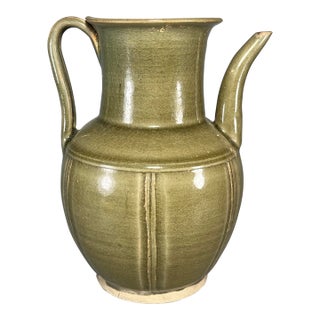 Antique Chinese Celadon Carved Ewer Pitcher, Collectible Antique For Sale