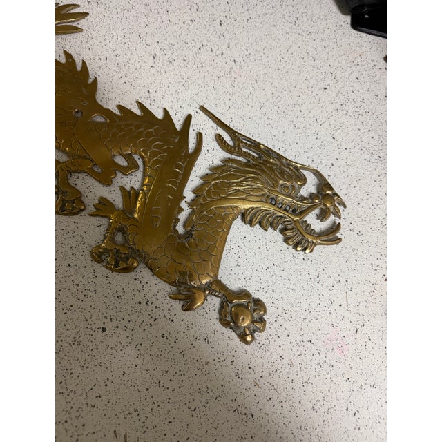 1930s Pair of Chinese Wall Mounted Brass Dragons 16” For Sale - Image 5 of 9