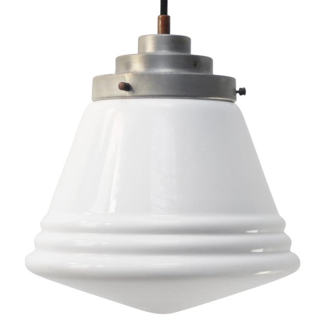 Metal Art Deco White Reeded Opaline Glass Pendant Lamp from Philips For Sale - Image 7 of 7