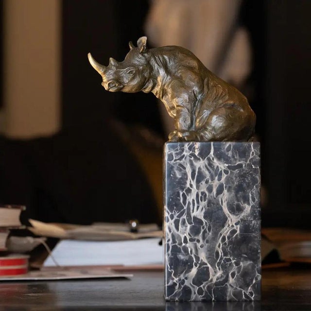 Rhinoceros Statuette in Antique Bronze on Marble Base in the style of Barye For Sale - Image 5 of 6