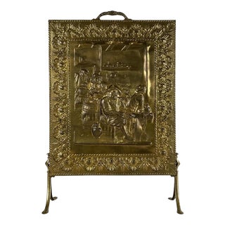 19th Century English Decorative Brass Fire Screen with Tavern Scene For Sale
