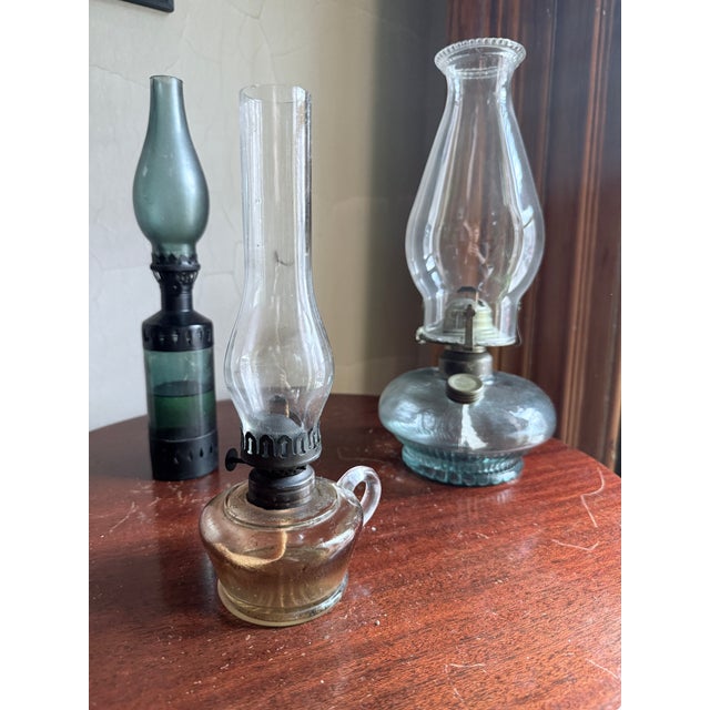Victorian Antique, 19th Century Glass Finger Lamp Chamber Lamp Brass Hornet Burner Clear Glass For Sale - Image 3 of 14