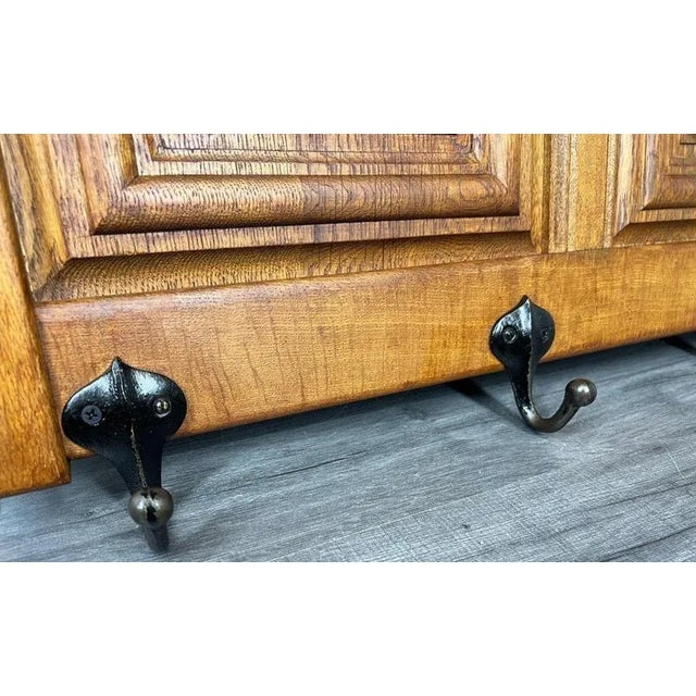 French Vintage Carved Oak Coat Rack with 5 Metal Hooks For Sale - Image 5 of 9