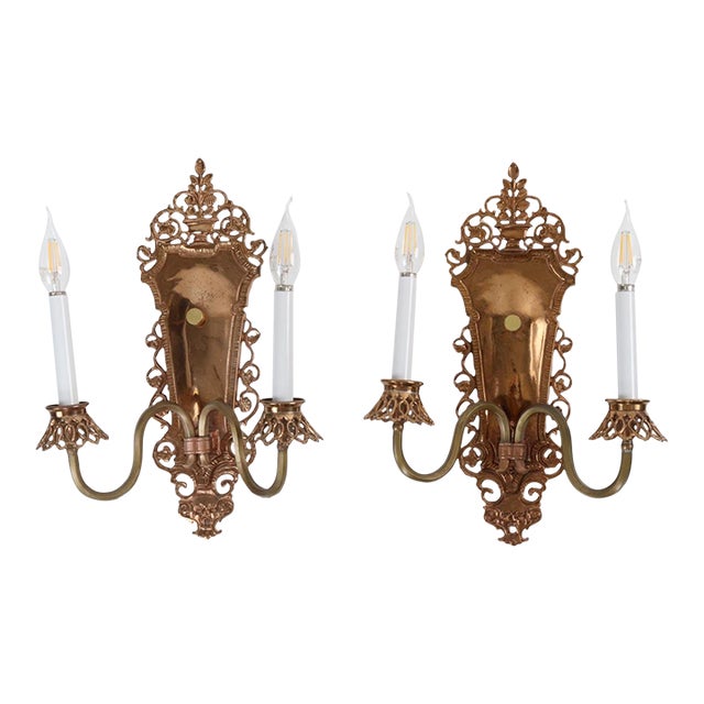 Mid 20th Century Oscar Bach Style Bronze 2 Arm Wall Sconces - a Pair of 18 In For Sale