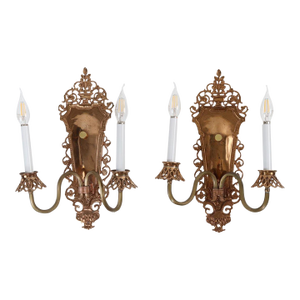 Mid 20th Century Oscar Bach Style Bronze 2 Arm Wall Sconces - a Pair of 18 In