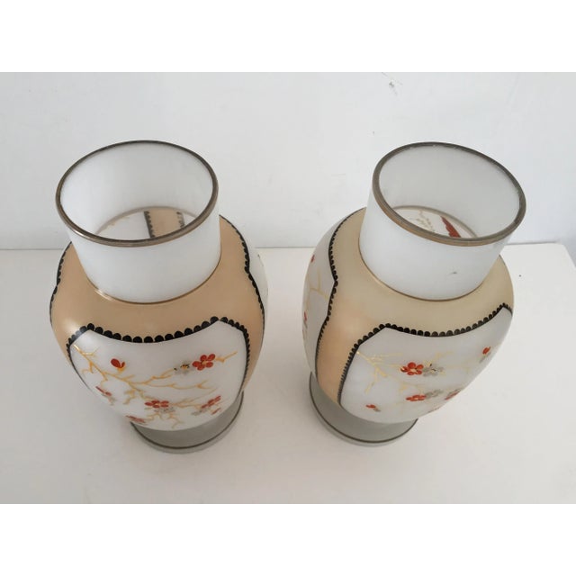 Vintage Hand Painted Bristol Glass Vases With Flying Birds Decoration S/2 For Sale - Image 4 of 5