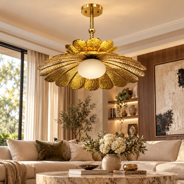 Handmade Brass Flower Chandelier, Hammered Lotus Ceiling Light, Floral Pendant Fixture, Art Deco Lighting for Living Room and Bedroom For Sale - Image 4 of 13