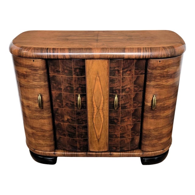 Italian Art Deco Walnut Burl and Mirror Mosaic Dry Bar Cabinet, 1940s For Sale