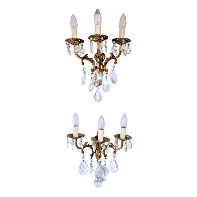 Bronze and Crystal Wall Lamps in the style of King Umberto of Savoy, 1890s, Set of 2 For Sale