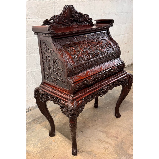 Early 20th Century Heavily Carved Japanese/Asian Secretary Desk With Volcanos and Dragons For Sale - Image 4 of 15