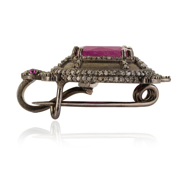 Metal Antique Style 8 Ct Ruby & Diamond Pavé Figural Lucky Turtle Statement Brooch Pin Pendant For Sale - Image 7 of 14