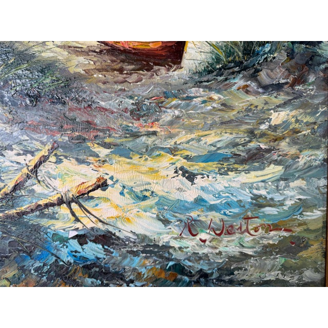 Sky Blue 1970's R. Weston Impressionist Beach Seascape Original Oil Painting, Framed For Sale - Image 8 of 12