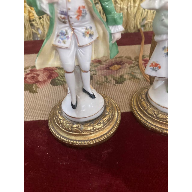Pair of Vintage Porcelain Figurine Lamps – Rococo Style – Lady & Gentleman – 12” For Sale - Image 12 of 16