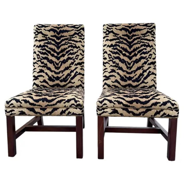 Fabulous pair of Ralph Lauren high-back dining chairs custom reupholstered in the most soft, dense, luxurious tiger Aja...