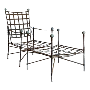 Vintage Boho Wrought Iron Lounge Chair and Ottoman After Tempestini, 2 Pieces