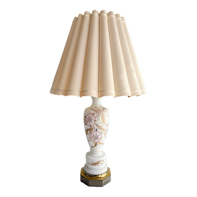 Mid Century Bavarian Glass Lamp Painted Floral Gold Accents With Shade For Sale