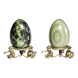 Wonderful Antique Polished Stone Specimen Eggs on Monkey Stands Grand Tour Mineral Collection Pair Home Decor For Sale
