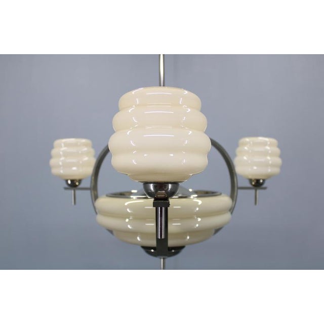 1930s Art Deco Nickel and Cream Glass Chandelier, 1930s For Sale - Image 5 of 14