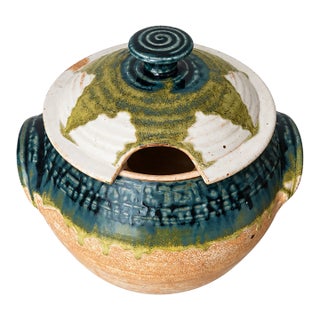 Signed Studio Pottery Soup Tureen With Teal and Olive Glaze, Marked “01” For Sale