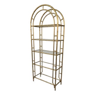 Vintage Gilt Metal Faux Bamboo Curio Display Etagere With 5 Glass Shelves For Sale