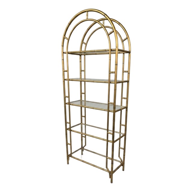 Vintage Gilt Metal Faux Bamboo Curio Display Etagere With 5 Glass Shelves For Sale