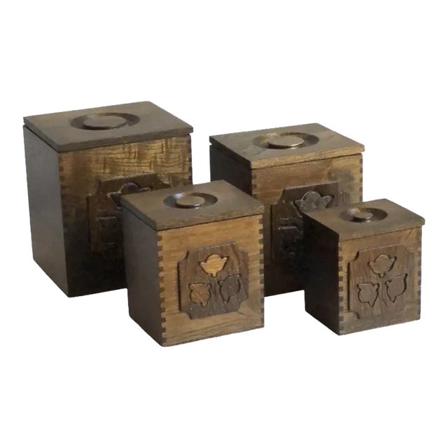1976 Sears Roebuck & Co. Carved Wood Kitchen Canisters- Set of 4 For Sale