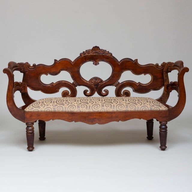 Coffee 1950s Continental Carved Wood Bench with Turned Legs & Upholstered Seat in Designer Fabric For Sale - Image 8 of 10