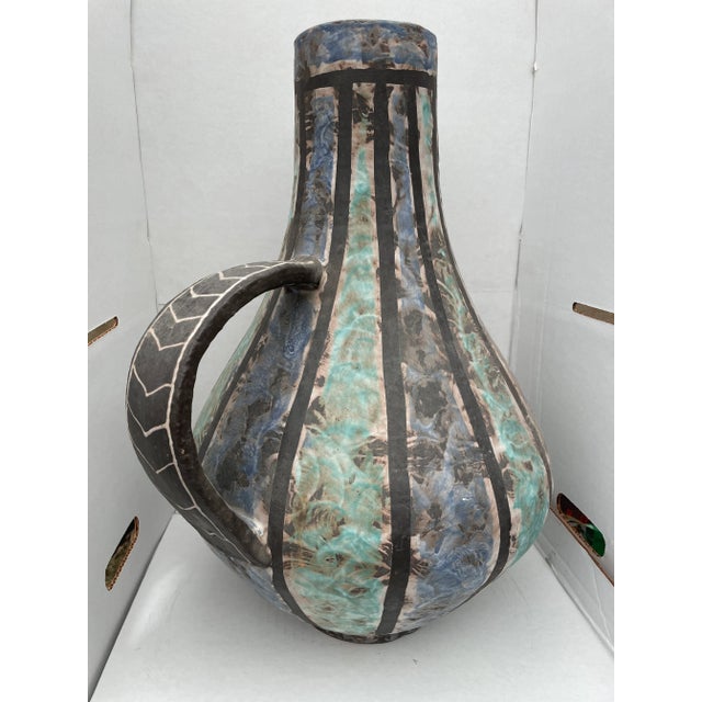 Ceramic Vintage 1950s Italian Mottled Blue Pottery Handled Vase For Sale - Image 7 of 13