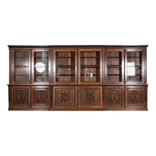 English Carved Oak Breakfront Glazed Bookcase, 1870s For Sale